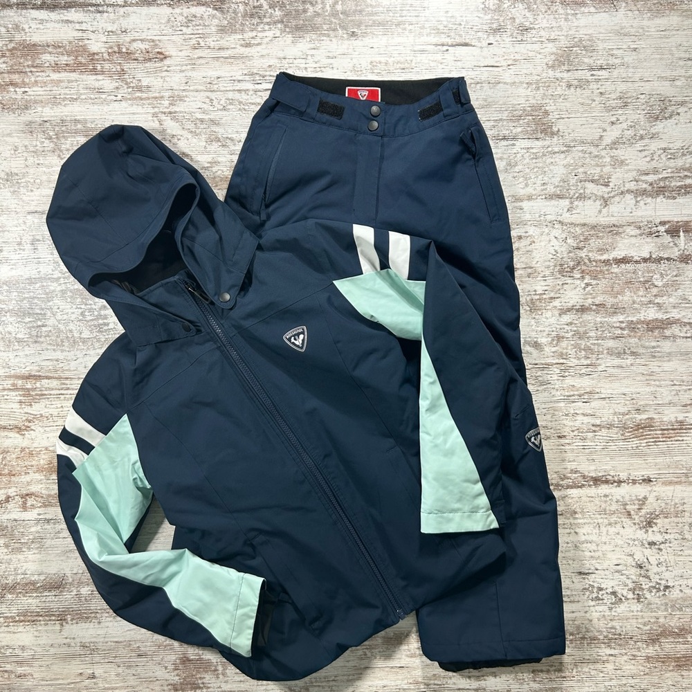 Kids Rossignol Ski Suit Jacket Pants Blue Size 10 pants size 12 hooded jacket